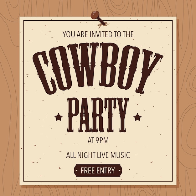 Vector cowboy party poster broadsheet or banner on a paper nailed to a wooden board