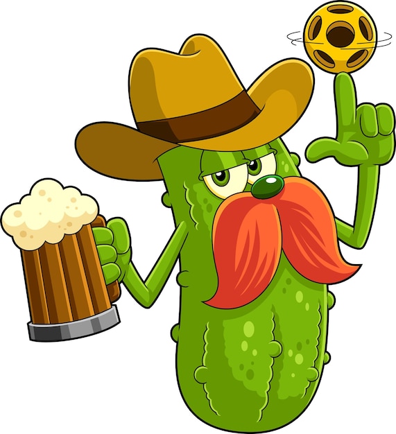 Vettore personaggio dei cartoni animati di cowboy pickle girando un pickleball e tenendo un bicchiere di birra