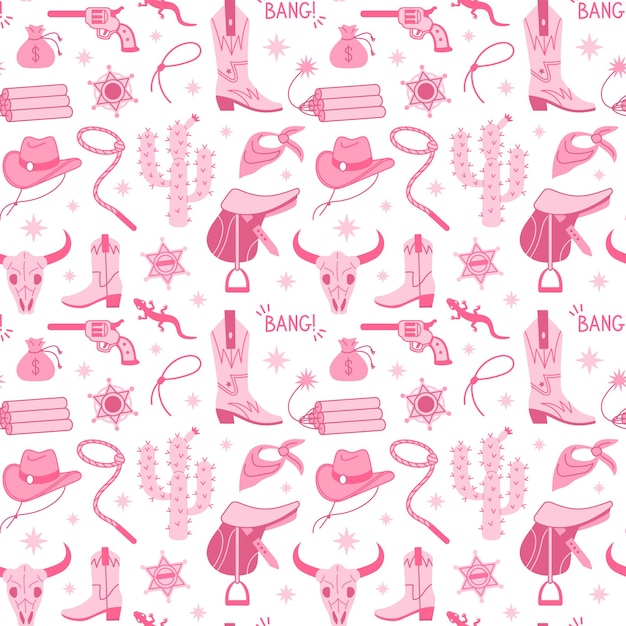 Vector cowboy pink core fashion seamless pattern cowgirl boots hat cactus and lettering cowboy western and wild west theme texture hand drawn vector illustration doodle icons fabric