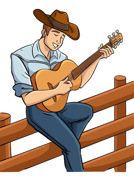 카우보이가 기타를 연주하는 만화 컬러 클립트
