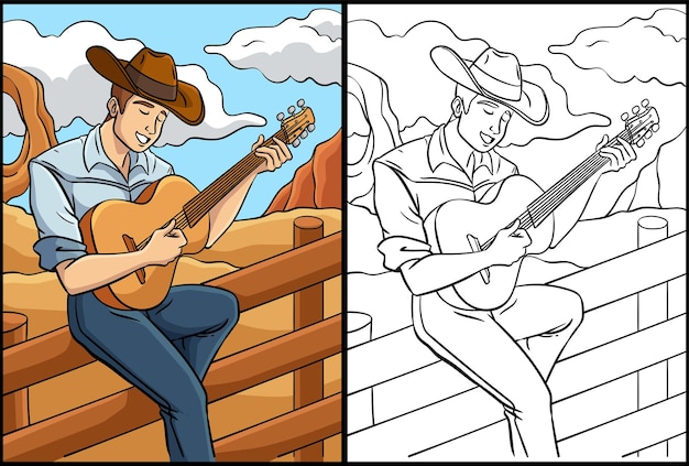 Vector cowboy playing guitar coloring page illustration