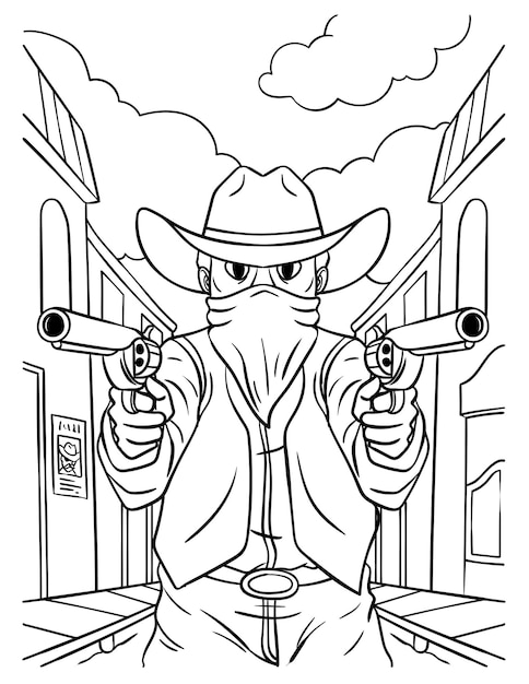 Vector cowboy pointing gun coloring page for kids