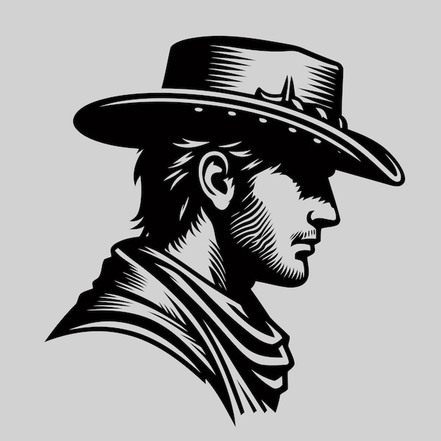 Vector cowboy-portret zijbeeldsymbool op grijze achtergrond ontwerpelement