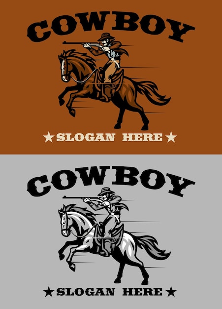 Cowboy ride horse logo style shooting the rifle