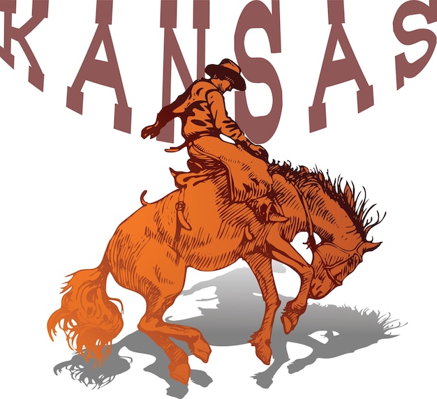 Vector cowboy rider from kansas riding a wild mustang