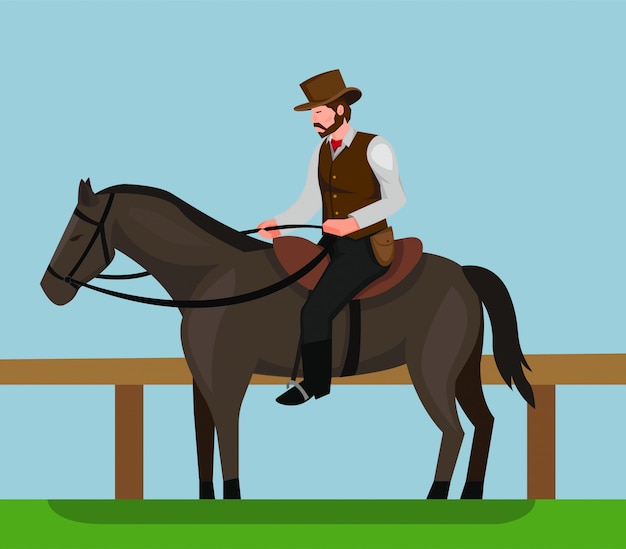 Vettore cowboy che monta progettazione dell'illustrazione di concetto del cavallo nero