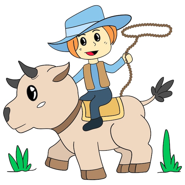 Vector cowboy riding cow. cartoon illustration cute sticker