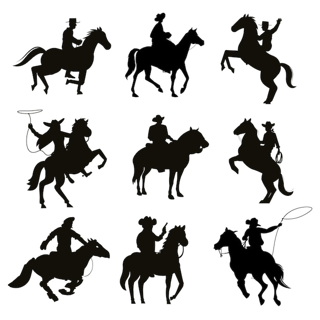 Cowboy riding horse characters silhouettes premium vector