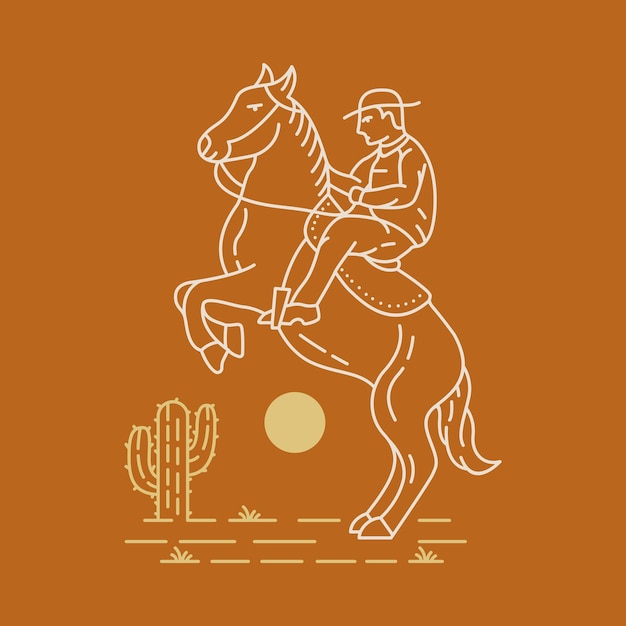 Cowboy riding horse in desert cactus tree monoline design for apparell