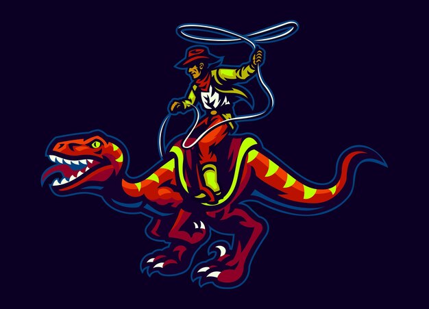 Cowboy Riding Raptor Holding Rope Mascot