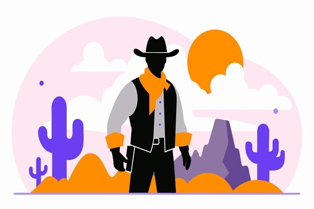 Вектор cowboy silhouette against a desert sunset with cacti