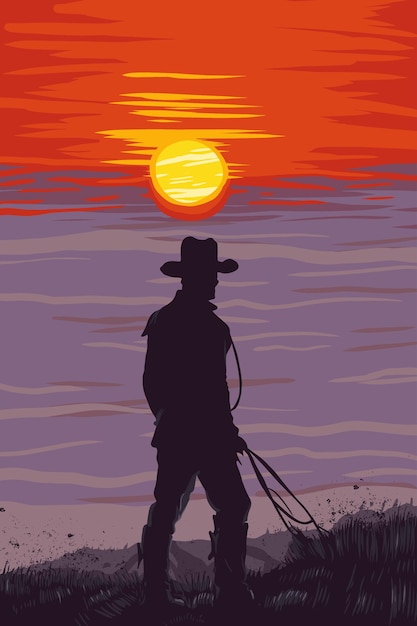 Cowboy silhouette against a blazing sunset hand drawn vector illustration