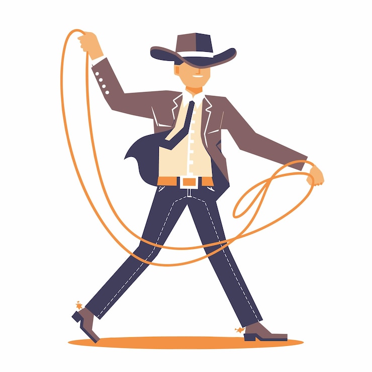 Vector cowboy swings lasso ready catch something dressed traditional western attire male cowboy