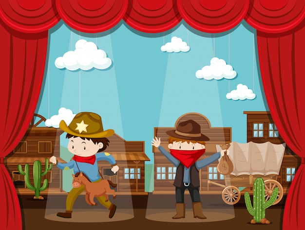 Vettore città del cowboy sul palco con due bambini recitazione