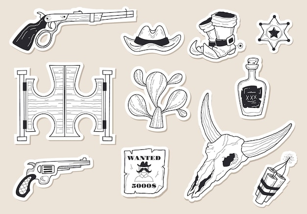 Cowboy western saloon wild west sticker isolated set graphic design illustration