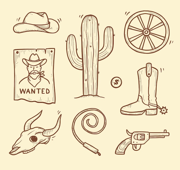 Cowboy westerse doodle set. Hand getrokken schets lijnstijl. Cowboyhoed, koeschedel, pistool, cactuselement. Wilde westen vectorillustratie.