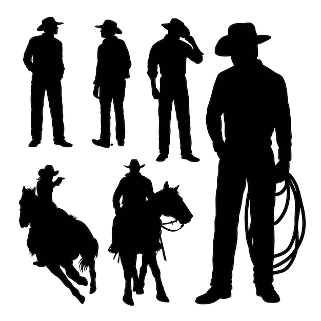 Vettore cowboy con cappello, lazo e silhouette di cavallo