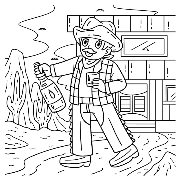 Cowboy with Whiskey Coloring Page for Kids