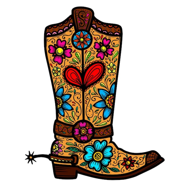 Cowboylaars met bloemmotief. Ontwerpelement voor poster, t-shirt, embleem, teken.