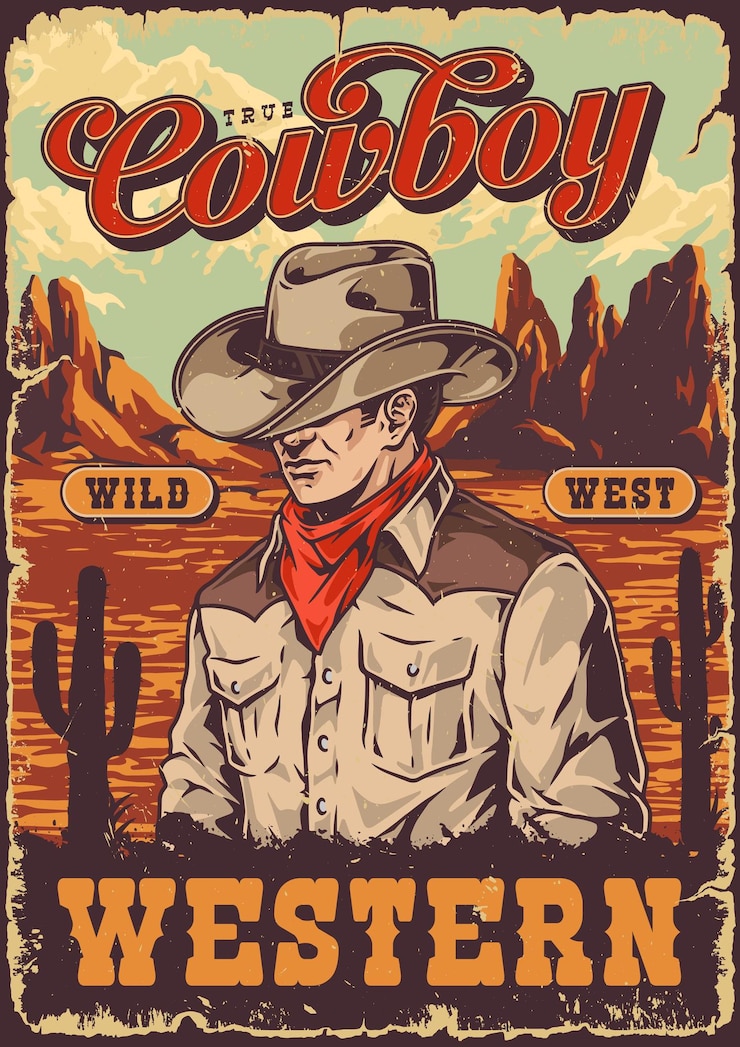Vector cowboyportret, kleurrijke vintage poster