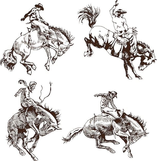 cowboyruiter zittend op een wild paard mustang en de inscriptie rodeo