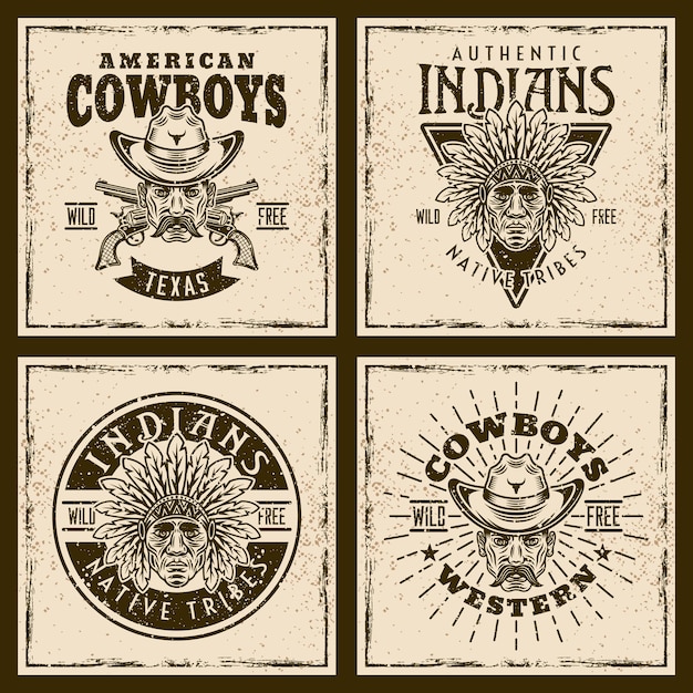 Ковбои и индейцы, четыре цветных винтажных эмблемы, значки, этикетки или отпечатки на западной тематической векторной иллюстрации на заднем плане со съемными гранжевыми текстурами