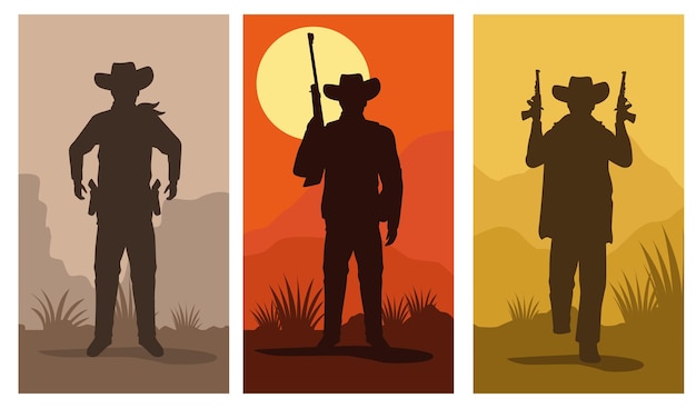 Cowboys cijfers silhouetten met geweren karakters decorontwerp scènes vector illustratie