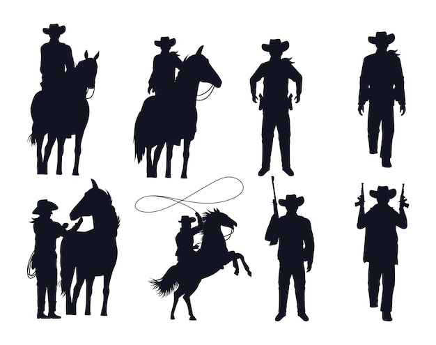 Vettore cowboys figure sagome con pistole e cavalli illustrazione vettoriale design