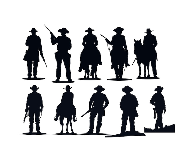 Vector cowboys silhouettes with guns and horses vector illustration design