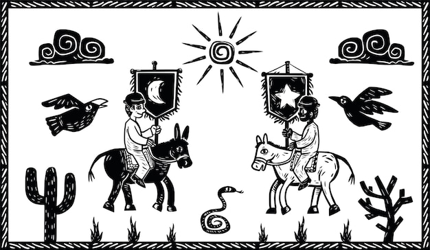 Cowboys with banners Scenery of Northeast Brazil Woodcut style and cordel literature