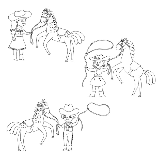 Cowgirl and cowboy with the horse Vector cartoon outline children set Coloring page for kids