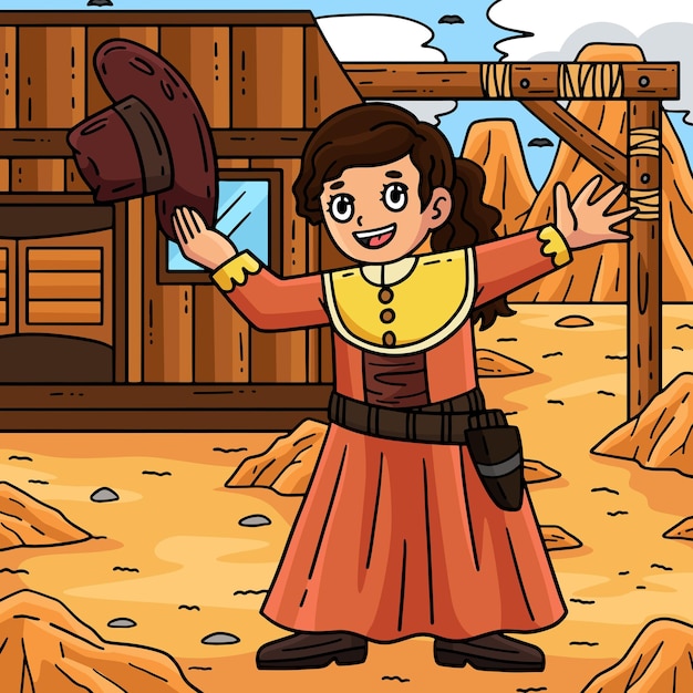 Cowgirl in a Dress Colored Cartoon Illustration