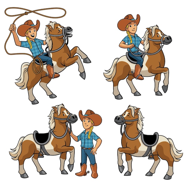 Vector cowgirl en paard set