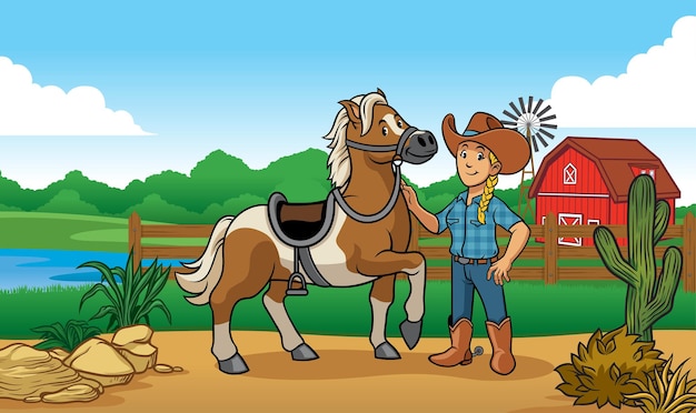 Пастушка и лошадь во дворе фермы