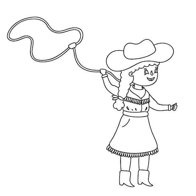 Cowgirl kid twirling a lasso Vector outline illustration for children coloring page