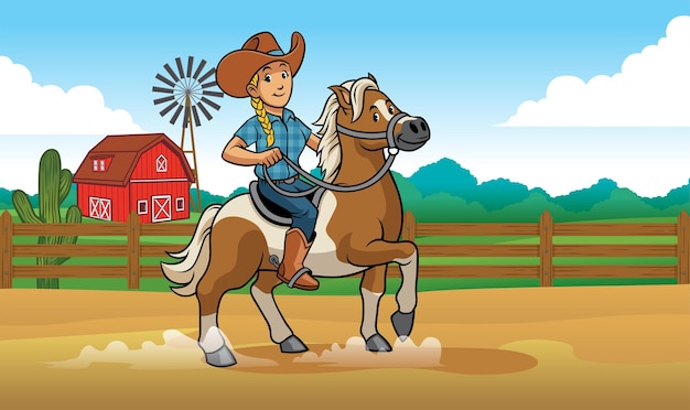 Vector cowgirl rijdt paard op de ranch