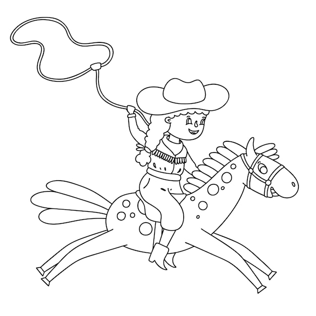 Cowgirl with lasso ride a horse Vector children outline illustration for coloring page