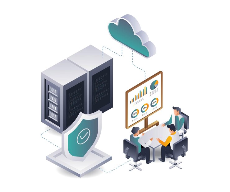 Vector coworkers are analyzing data from the cloud server system