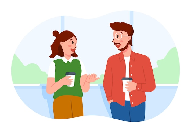 Coworkers having a coffee break in flat design illustration