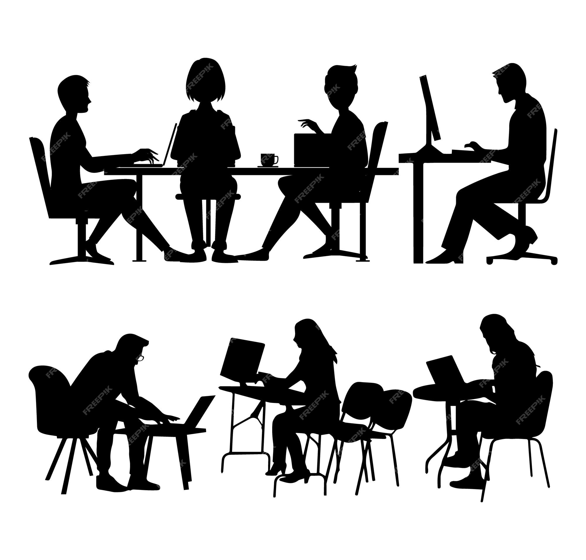 Premium Vector | Coworkers sitting at the table silhouette. colleagues  working in office. office silhouettes