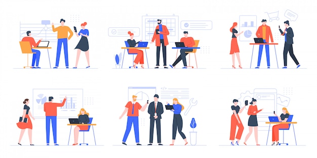 Coworking business team. People working together, creative teamwork in coworking space, office teamwork meeting  illustration set. Creative teamwork, cooperation partnership brainstorming