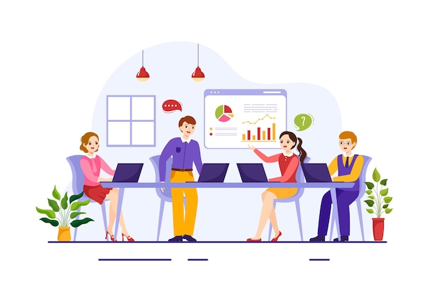 Coworking business vector illustration with colleagues talking and working at the office templates