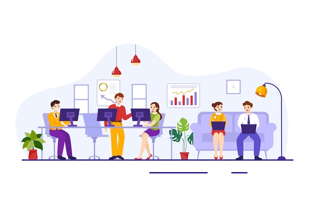 Coworking business vector illustration with colleagues talking and working at the office templates