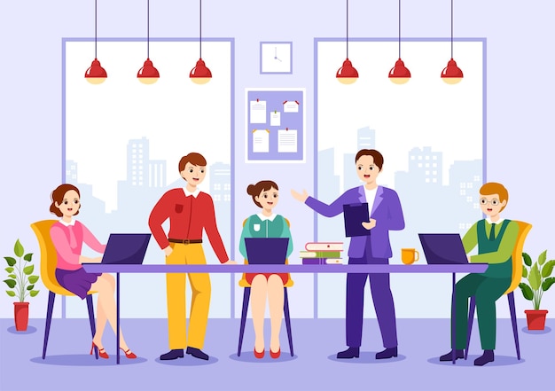 coworking business vector illustration with colleagues talking and working at the office templates