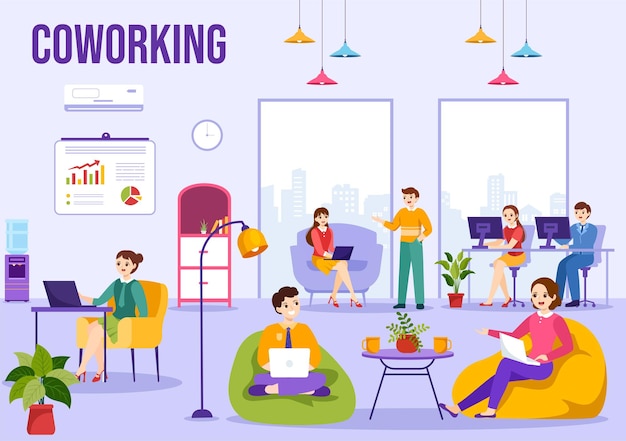 Коворкинг бизнес-векторная иллюстрация с коллегами, говорящими и работающими в офисных шаблонах