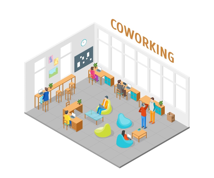 Vector coworking center interior with furniture isometric view vector
