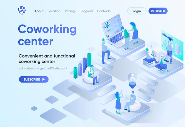 ベクトル コワーキングセンター等尺性ランディングページ。ビジネスコミュニティのチームワーク、便利で機能的なワークスペース。 cmsおよびwebサイトのコワーキングオープンエリアテンプレート。人のキャラクターとのアイソメ図シーン。
