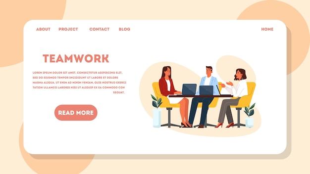 Coworking 개념 웹 배너입니다. 함께 일하는 사업 사람들의 아이디어, 팀워크. 창의적인 직업을위한 작업 공간. 삽화