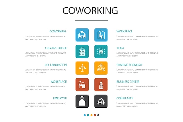 Coworking infographic 10 optie concept creatief kantoor samenwerking werkplek deeleconomie eenvoudige pictogrammen