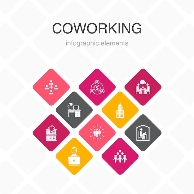 Coworking Infographic 10 옵션 색상 디자인. 창조적 인 사무실, 협업, 직장, 공유 경제 간단한 아이콘